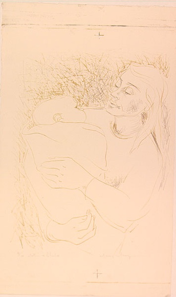 Artist: b'MACQUEEN, Mary' | Title: b'Mother and child' | Date: c.1961 | Technique: b'lithograph, printed in colour, from two plates in yellow and black ink' | Copyright: b'Courtesy Paulette Calhoun, for the estate of Mary Macqueen' Artist: b'MACQUEEN, Mary' | Title: b'Mother and child' | Date: c.1961 | Technique: b'lithograph, printed in colour, from two plates in yellow and black ink' | Copyright: b'Courtesy Paulette Calhoun, for the estate of Mary Macqueen'