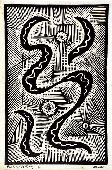 Artist: b'Hawkins, Weaver.' | Title: b'Cosmos' | Date: 1958 | Technique: b'linocut, printed in black ink, from one block' | Copyright: b'The Estate of H.F Weaver Hawkins' Artist: b'Hawkins, Weaver.' | Title: b'Cosmos' | Date: 1958 | Technique: b'linocut, printed in black ink, from one block' | Copyright: b'The Estate of H.F Weaver Hawkins'