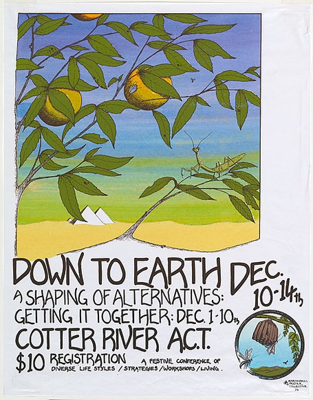 Artist: b'LITTLE, Colin' | Title: b'Down to earth. A shaping of alternatives: Getting it together...A festive conference.' | Date: 1976 | Technique: b'screenprint, printed in colour, from five stencils' Artist: b'LITTLE, Colin' | Title: b'Down to earth. A shaping of alternatives: Getting it together...A festive conference.' | Date: 1976 | Technique: b'screenprint, printed in colour, from five stencils'