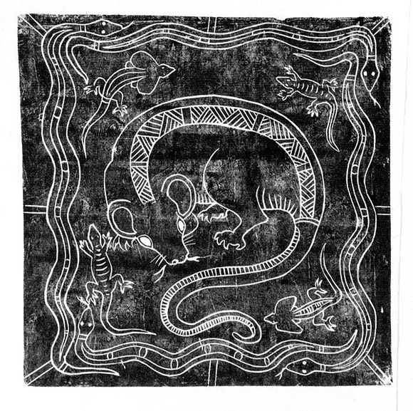 Artist: b'Artist unknown' | Title: b'Possum with decoration of snakes and lizards' | Date: 1970s | Technique: b'woodcut, printed in black ink, from one block' Artist: b'Artist unknown' | Title: b'Possum with decoration of snakes and lizards' | Date: 1970s | Technique: b'woodcut, printed in black ink, from one block'
