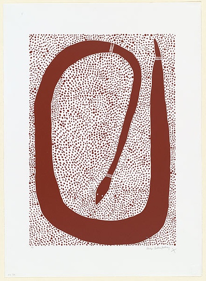 Artist: b'GUDTHAYKUDTHAY, Philip' | Title: b'Large red ochre snake with decoration dot infill' | Date: 1998, 27 October | Technique: b'screenprint, printed in colour, from multiple stencils' | Copyright: b'\xc2\xa9 Philip Gudthaykudthay. Licensed by VISCOPY, Australia' Artist: b'GUDTHAYKUDTHAY, Philip' | Title: b'Large red ochre snake with decoration dot infill' | Date: 1998, 27 October | Technique: b'screenprint, printed in colour, from multiple stencils' | Copyright: b'\xc2\xa9 Philip Gudthaykudthay. Licensed by VISCOPY, Australia'
