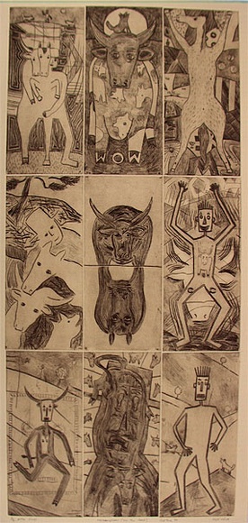 Artist: b'White, Nigel.' | Title: b'Metamorphoses (via the creek)' | Date: 1991 | Technique: b'etching (9 prints on one sheet), printed in black in, from nine plates' Artist: b'White, Nigel.' | Title: b'Metamorphoses (via the creek)' | Date: 1991 | Technique: b'etching (9 prints on one sheet), printed in black in, from nine plates'