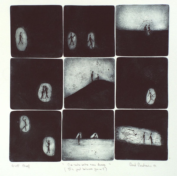 Artist: b'Carstairs, Carol.' | Title: b'Ca reste entre nous deux I / (Its just between you and I)' | Date: 2001 | Technique: b'etching and aquatint, printed in blue/black ink, from one plate' Artist: b'Carstairs, Carol.' | Title: b'Ca reste entre nous deux I / (Its just between you and I)' | Date: 2001 | Technique: b'etching and aquatint, printed in blue/black ink, from one plate'