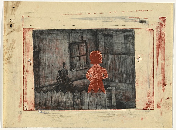 Artist: b'Blackman, Charles.' | Title: b'Figure by fence.' | Date: (1953-57) | Technique: b'lithograph, printed in colour, from multiple plates' Artist: b'Blackman, Charles.' | Title: b'Figure by fence.' | Date: (1953-57) | Technique: b'lithograph, printed in colour, from multiple plates'