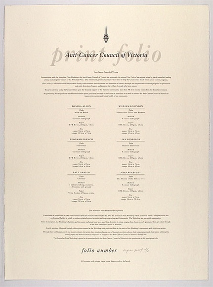 Title: b'Frontispiece from the Anti-cancer council of Victoria print folio.' | Date: 1990 | Technique: b'lithograph, printed in dark grey ink, from one stone' Title: b'Frontispiece from the Anti-cancer council of Victoria print folio.' | Date: 1990 | Technique: b'lithograph, printed in dark grey ink, from one stone'