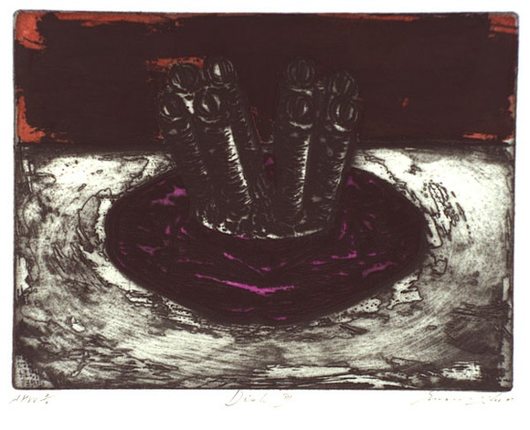Artist: b'Lee, Graeme.' | Title: b'Dish III' | Date: 1995, October | Technique: b'etching, hand-coloured' Artist: b'Lee, Graeme.' | Title: b'Dish III' | Date: 1995, October | Technique: b'etching, hand-coloured'