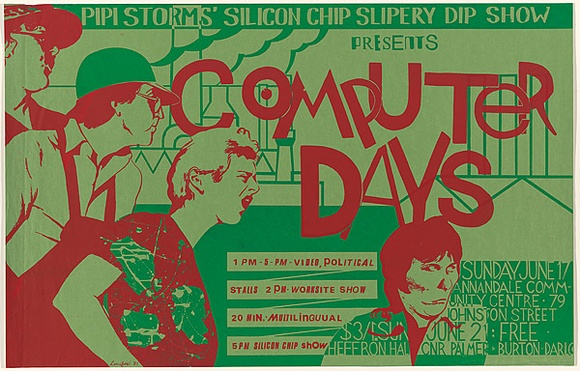 Artist: b'Lightbody, Graham.' | Title: b'Pipi Storm Computer Days.' | Date: 1981 | Technique: b'screenprint, printed in colour, from two stencils' | Copyright: b'Courtesy Graham Lightbody & Angela Gee' Artist: b'Lightbody, Graham.' | Title: b'Pipi Storm Computer Days.' | Date: 1981 | Technique: b'screenprint, printed in colour, from two stencils' | Copyright: b'Courtesy Graham Lightbody & Angela Gee'