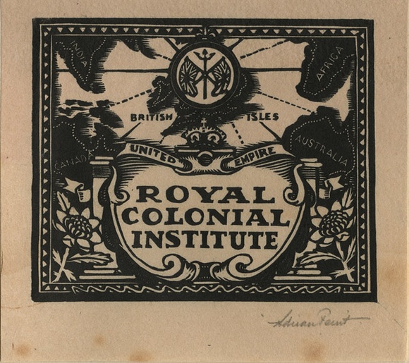 Artist: b'FEINT, Adrian' | Title: b'Bookplate: Royal Colonial Institute.' | Date: (1927) | Technique: b'wood-engraving, printed in black ink, from one block' | Copyright: b'Courtesy the Estate of Adrian Feint' Artist: b'FEINT, Adrian' | Title: b'Bookplate: Royal Colonial Institute.' | Date: (1927) | Technique: b'wood-engraving, printed in black ink, from one block' | Copyright: b'Courtesy the Estate of Adrian Feint'