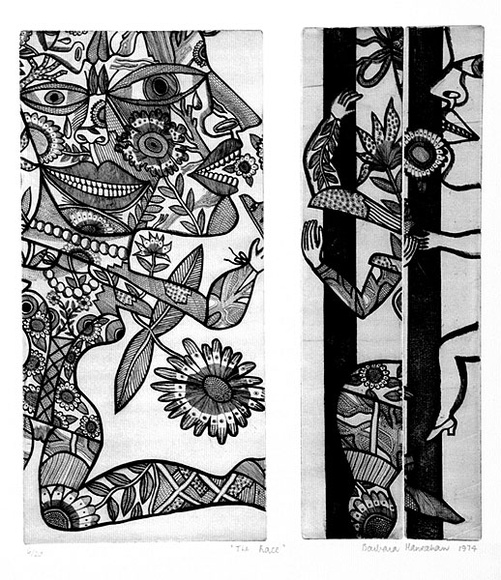 Artist: b'HANRAHAN, Barbara' | Title: b'The race' | Date: 1974 | Technique: b'etching, printed in black ink with plate-tone comprising images from three plates' Artist: b'HANRAHAN, Barbara' | Title: b'The race' | Date: 1974 | Technique: b'etching, printed in black ink with plate-tone comprising images from three plates'
