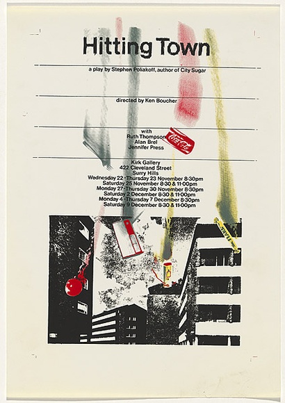 Artist: b'UNKNOWN' | Title: b'Hitting Town - a play by Stephen Poliakoff....Kirk Gallery' | Date: 1978 | Technique: b'screenprint, printed in colour, from multiple stencils' Artist: b'UNKNOWN' | Title: b'Hitting Town - a play by Stephen Poliakoff....Kirk Gallery' | Date: 1978 | Technique: b'screenprint, printed in colour, from multiple stencils'