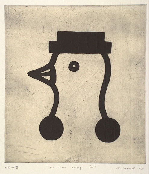 Artist: b'Band, David.' | Title: b'Lester leaps in' | Date: 1995, September - October | Technique: b'etching, lift-ground and aquatint, viscosity printed in colour, from two plates' Artist: b'Band, David.' | Title: b'Lester leaps in' | Date: 1995, September - October | Technique: b'etching, lift-ground and aquatint, viscosity printed in colour, from two plates'