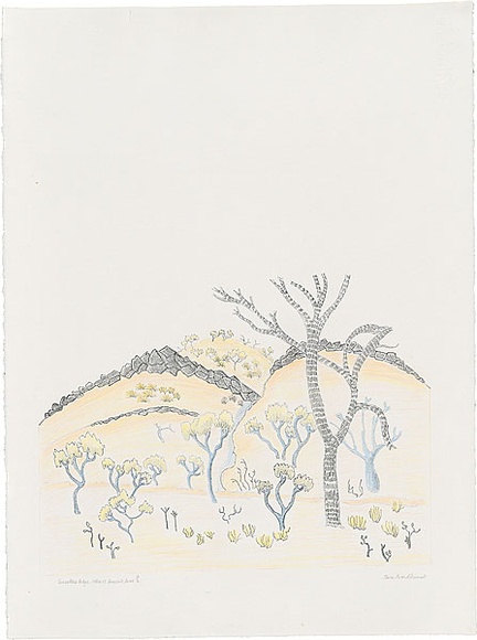Artist: b'Bradhurst, Jane.' | Title: b'Limestone ridge, relic of ancient seas.' | Date: 1997 | Technique: b'lithograph, printed in black ink, from one stone; hand-coloured in watercolour' Artist: b'Bradhurst, Jane.' | Title: b'Limestone ridge, relic of ancient seas.' | Date: 1997 | Technique: b'lithograph, printed in black ink, from one stone; hand-coloured in watercolour'