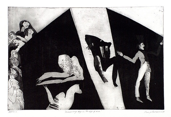 Artist: b'BALDESSIN, George' | Title: b'Recurring day in the life of M.M.' | Date: 1965 | Technique: b'etching and aquatint, printed in black ink, from one plate' Artist: b'BALDESSIN, George' | Title: b'Recurring day in the life of M.M.' | Date: 1965 | Technique: b'etching and aquatint, printed in black ink, from one plate'