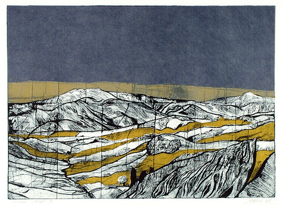 Artist: b'Palmer, Stanley.' | Title: b'Henderson landscape' | Date: 1969 | Technique: b'etching, printed in blue ink, from one plate; stencil colour' Artist: b'Palmer, Stanley.' | Title: b'Henderson landscape' | Date: 1969 | Technique: b'etching, printed in blue ink, from one plate; stencil colour'