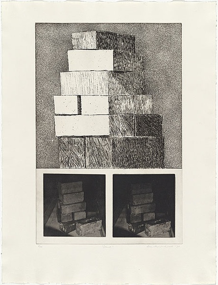 Artist: b'MADDOCK, Bea' | Title: b'Stack' | Date: 1974 | Technique: b'etching, aquatint,photo-etching and aquatint, printed in black ink, from three plates' Artist: b'MADDOCK, Bea' | Title: b'Stack' | Date: 1974 | Technique: b'etching, aquatint,photo-etching and aquatint, printed in black ink, from three plates'