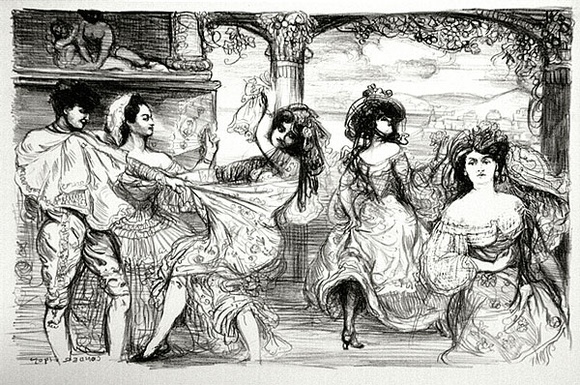Artist: b'Conder, Charles.' | Title: b'Fantaisie Espagnole.' | Date: 1905 | Technique: b'transfer-lithograph, printed in black ink, from one stone' Artist: b'Conder, Charles.' | Title: b'Fantaisie Espagnole.' | Date: 1905 | Technique: b'transfer-lithograph, printed in black ink, from one stone'