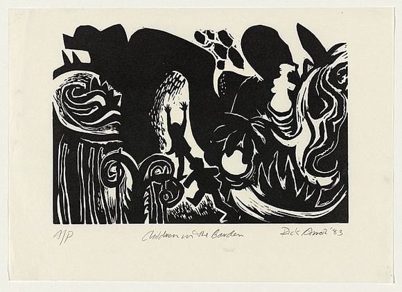 Artist: b'AMOR, Rick' | Title: b'Children in the garden.' | Date: 1983 | Technique: b'linocut, printed in black ink, from one block' | Copyright: b'\xc2\xa9 Rick Amor. Licensed by VISCOPY, Australia.' Artist: b'AMOR, Rick' | Title: b'Children in the garden.' | Date: 1983 | Technique: b'linocut, printed in black ink, from one block' | Copyright: b'\xc2\xa9 Rick Amor. Licensed by VISCOPY, Australia.'