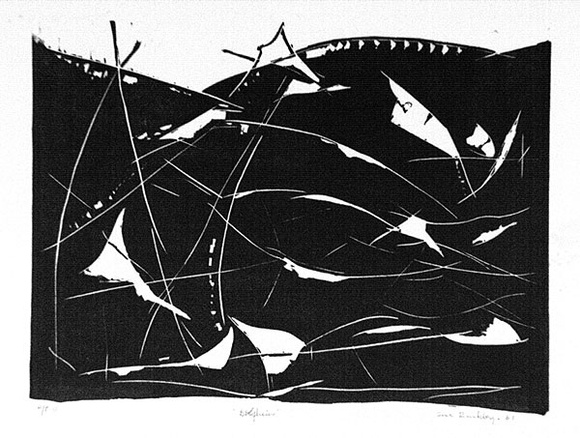 Artist: b'Buckley, Sue.' | Title: b'Dolphins.' | Date: 1961 | Technique: b'linocut, printed in black ink, from one block' | Copyright: b'This work appears on screen courtesy of Sue Buckley and her sister Jean Hanrahan' Artist: b'Buckley, Sue.' | Title: b'Dolphins.' | Date: 1961 | Technique: b'linocut, printed in black ink, from one block' | Copyright: b'This work appears on screen courtesy of Sue Buckley and her sister Jean Hanrahan'