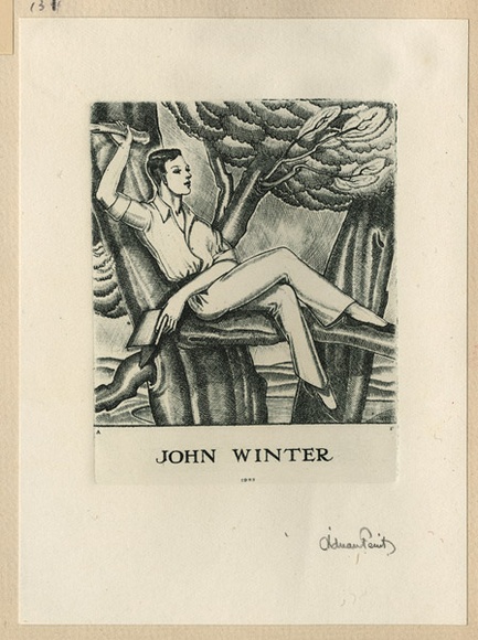 Artist: b'FEINT, Adrian' | Title: b'Bookplate: John Winter.' | Date: 1933 | Technique: b'etching, printed in greenish-black ink, from one plate' | Copyright: b'Courtesy the Estate of Adrian Feint' Artist: b'FEINT, Adrian' | Title: b'Bookplate: John Winter.' | Date: 1933 | Technique: b'etching, printed in greenish-black ink, from one plate' | Copyright: b'Courtesy the Estate of Adrian Feint'