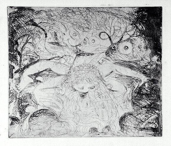 Artist: b'BOYD, Arthur' | Title: bNude washing in a creek with watching head and ram's head. | Date: (1962-63) | Technique: b'etching, printed in black ink, from one plate' | Copyright: b'Reproduced with permission of Bundanon Trust' Artist: b'BOYD, Arthur' | Title: bNude washing in a creek with watching head and ram's head. | Date: (1962-63) | Technique: b'etching, printed in black ink, from one plate' | Copyright: b'Reproduced with permission of Bundanon Trust'
