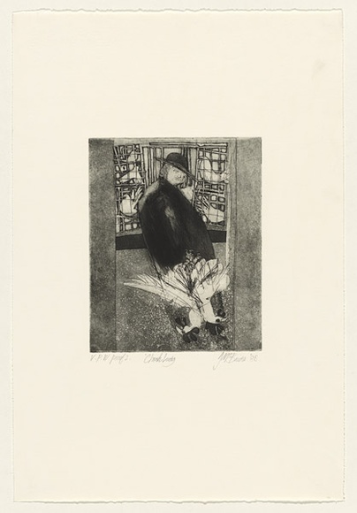 Artist: b'McBride, Janice.' | Title: b'Chook lady' | Date: 1988 | Technique: b'etching, printed in black ink with plate-tone, from one plate' Artist: b'McBride, Janice.' | Title: b'Chook lady' | Date: 1988 | Technique: b'etching, printed in black ink with plate-tone, from one plate'