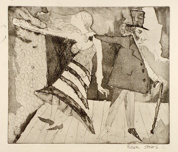 Artist: b'Janesw, Roger.' | Title: b'Man and woman on a stage' | Date: 1967 | Technique: b'etching and aquatint, printed in black ink, from one plate' Artist: b'Janesw, Roger.' | Title: b'Man and woman on a stage' | Date: 1967 | Technique: b'etching and aquatint, printed in black ink, from one plate'