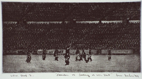 Artist: b'ROUBOS, Leon' | Title: b'Essendon vs. Geelong at V.F.L Park' | Date: 1984 | Technique: b'etching, printed in black ink, from one plate' Artist: b'ROUBOS, Leon' | Title: b'Essendon vs. Geelong at V.F.L Park' | Date: 1984 | Technique: b'etching, printed in black ink, from one plate'