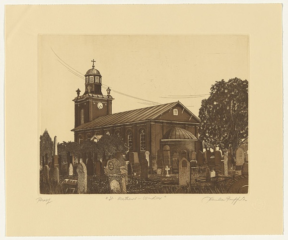 Artist: b'GRIFFITH, Pamela' | Title: b'St Mathews, Windsor' | Date: 1982 | Technique: b'hardground-etching and aquatint, printed in brown ink, from one zinc plate' | Copyright: b'\xc2\xa9 Pamela Griffith' Artist: b'GRIFFITH, Pamela' | Title: b'St Mathews, Windsor' | Date: 1982 | Technique: b'hardground-etching and aquatint, printed in brown ink, from one zinc plate' | Copyright: b'\xc2\xa9 Pamela Griffith'