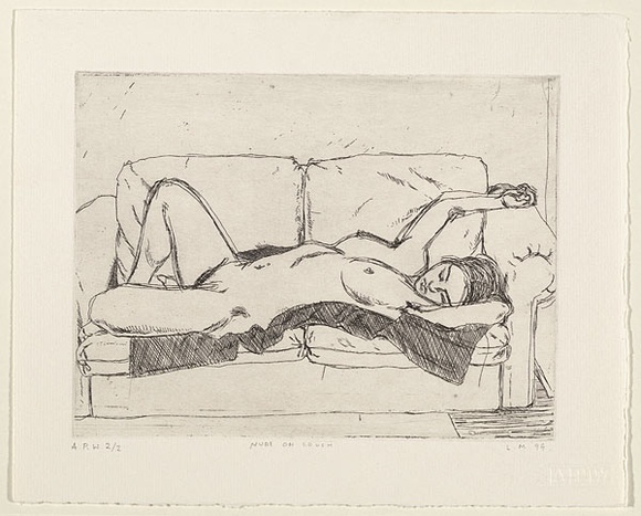Artist: b'Miller, Lewis.' | Title: b'Nude on couch' | Date: 1999, October | Technique: b'etching, printed in black ink, from one plate' | Copyright: b'\xc2\xa9 Lewis Miller. Licensed by VISCOPY, Australia' Artist: b'Miller, Lewis.' | Title: b'Nude on couch' | Date: 1999, October | Technique: b'etching, printed in black ink, from one plate' | Copyright: b'\xc2\xa9 Lewis Miller. Licensed by VISCOPY, Australia'