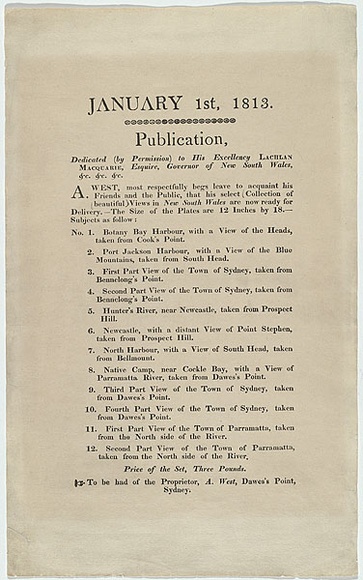 Title: b'Broadside for Views in New South Wales Nos 1-12.' | Date: 1813 | Technique: b'letterpress, printed in black ink' Title: b'Broadside for Views in New South Wales Nos 1-12.' | Date: 1813 | Technique: b'letterpress, printed in black ink'
