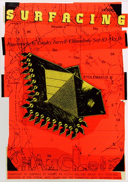 Artist: b'ARNOLD, Raymond' | Title: b'Surfacing, Paperworks by Cawley Farrell Chameleon.' | Date: 1986 | Technique: b'screenprint, printed in colour, from four stencils' Artist: b'ARNOLD, Raymond' | Title: b'Surfacing, Paperworks by Cawley Farrell Chameleon.' | Date: 1986 | Technique: b'screenprint, printed in colour, from four stencils'