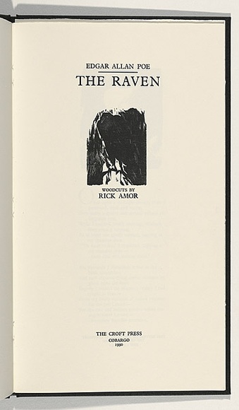 Artist: b'AMOR, Rick' | Title: b'Not titled (The Raven frontispiece).' | Date: 1990 | Technique: b'woodcut, printed in black ink, from one block' Artist: b'AMOR, Rick' | Title: b'Not titled (The Raven frontispiece).' | Date: 1990 | Technique: b'woodcut, printed in black ink, from one block'