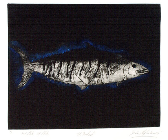 Artist: b'Shepherdson, Gordon.' | Title: b'The Mackerel: Number three' | Date: 1979 | Technique: b'etching and aquatint, printed in colour with plate-tone, from one plate' Artist: b'Shepherdson, Gordon.' | Title: b'The Mackerel: Number three' | Date: 1979 | Technique: b'etching and aquatint, printed in colour with plate-tone, from one plate'