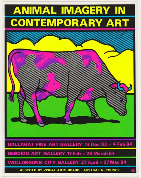 Artist: b'REDBACK GRAPHIX' | Title: b'Animal imagery in contemporary art.' | Date: 1983, before 14 December | Technique: b'screenprint, printed in colour, from five stencils' | Copyright: b'\xc2\xa9 Michael Callaghan'