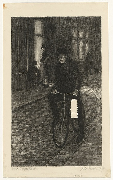 Artist: b'Traill, Jessie.' | Title: b'Boy on bicycle, Paris' | Date: 1909 | Technique: b'lithograph, printed in black ink, from one stone' Artist: b'Traill, Jessie.' | Title: b'Boy on bicycle, Paris' | Date: 1909 | Technique: b'lithograph, printed in black ink, from one stone'