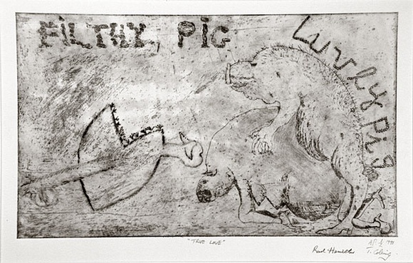 Artist: b'Hamilton, Rod.' | Title: b'TRUE LOVE.' | Date: 1991 | Technique: b'etching and aquatint, printed in black ink, from one plate' Artist: b'Hamilton, Rod.' | Title: b'TRUE LOVE.' | Date: 1991 | Technique: b'etching and aquatint, printed in black ink, from one plate'
