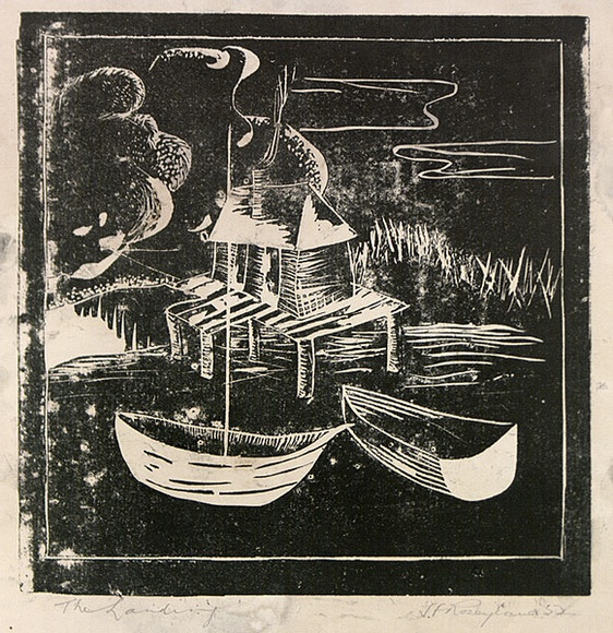 Artist: b'ROSENGRAVE, Harry' | Title: b'The landing' | Date: (1955) | Technique: b'linocut, printed in black ink, from one block' Artist: b'ROSENGRAVE, Harry' | Title: b'The landing' | Date: (1955) | Technique: b'linocut, printed in black ink, from one block'