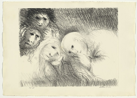 Artist: b'BOYD, Arthur' | Title: b'St Clare showing her shaven head to her family.' | Date: (1965) | Technique: b'lithograph, printed in black ink, from one plate' | Copyright: b'Reproduced with permission of Bundanon Trust' Artist: b'BOYD, Arthur' | Title: b'St Clare showing her shaven head to her family.' | Date: (1965) | Technique: b'lithograph, printed in black ink, from one plate' | Copyright: b'Reproduced with permission of Bundanon Trust'