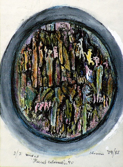 Artist: b'Shearer, Mitzi.' | Title: b'not titled [oval]' | Date: 1977-85 | Technique: b'woodcut, printed in black ink, from one block, hand-coloured, various colour'