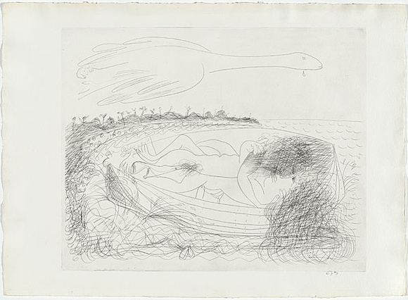 Artist: b'BOYD, Arthur' | Title: b'Lovers in a boat.' | Date: (1968-69) | Technique: b'etching, printed in black ink, from one plate' | Copyright: b'Reproduced with permission of Bundanon Trust' Artist: b'BOYD, Arthur' | Title: b'Lovers in a boat.' | Date: (1968-69) | Technique: b'etching, printed in black ink, from one plate' | Copyright: b'Reproduced with permission of Bundanon Trust'