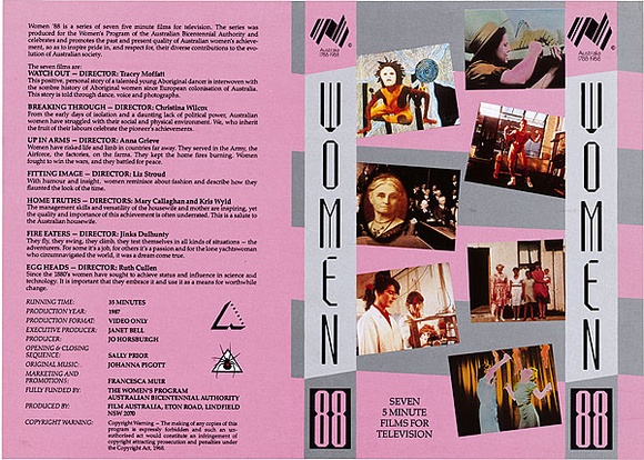 Artist: bTHE WOMEN'S PROGRAM, AUSTRALIAN BICENTENNIAL AUTHORITY | Title: b'Video cassette cover: Women 88 (Seven 5 minute films for television)' | Date: 1987 | Technique: b'offset-lithograph, printed in colour, from four plates' Artist: bTHE WOMEN'S PROGRAM, AUSTRALIAN BICENTENNIAL AUTHORITY | Title: b'Video cassette cover: Women 88 (Seven 5 minute films for television)' | Date: 1987 | Technique: b'offset-lithograph, printed in colour, from four plates'