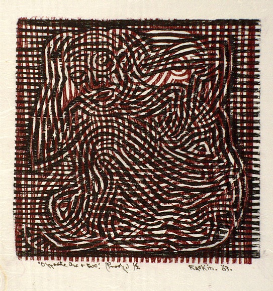 Artist: b'Hawkins, Weaver.' | Title: b'Opposite one and two' | Date: 1963 | Technique: b'woodcut, printed in colour, from two blocks' | Copyright: b'The Estate of H.F Weaver Hawkins' Artist: b'Hawkins, Weaver.' | Title: b'Opposite one and two' | Date: 1963 | Technique: b'woodcut, printed in colour, from two blocks' | Copyright: b'The Estate of H.F Weaver Hawkins'