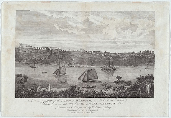 Title: b'A view of part of the town of Windsor in New South Wales. Taken from the banks of the River Hawkesbury.' | Date: 4 June 1813 (published) | Technique: b'engraving, printed in black ink, from one copper plate'
