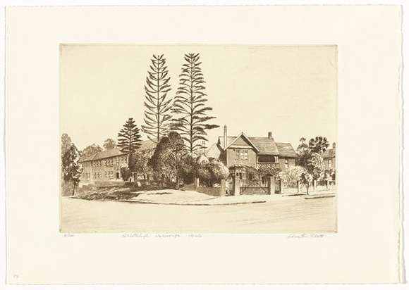Artist: b'PLATT, Austin' | Title: b'Abbotsleigh, Wahroonga' | Date: 1946 | Technique: b'etching, printed in black ink, from one plate' Artist: b'PLATT, Austin' | Title: b'Abbotsleigh, Wahroonga' | Date: 1946 | Technique: b'etching, printed in black ink, from one plate'