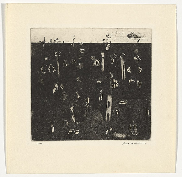 Artist: b'WILLIAMS, Fred' | Title: b'Landscape with green cloud and owl' | Date: 1965-66 | Technique: b'etching and aquatint, printed in black ink, from one copper plate' | Copyright: b'\xc2\xa9 Fred Williams Estate' Artist: b'WILLIAMS, Fred' | Title: b'Landscape with green cloud and owl' | Date: 1965-66 | Technique: b'etching and aquatint, printed in black ink, from one copper plate' | Copyright: b'\xc2\xa9 Fred Williams Estate'