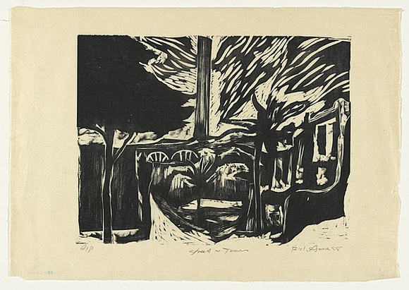 Artist: b'AMOR, Rick' | Title: b'Street and town.' | Date: 1988 | Technique: b'woodcut, printed in black ink, from one block'