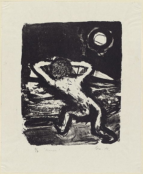 Artist: b'MADDOCK, Bea' | Title: b'Escape' | Date: 3 July 1963 | Technique: b'lithograph worked in litocrayon and touche, printed in black ink by hand-burnishing, from one stone' Artist: b'MADDOCK, Bea' | Title: b'Escape' | Date: 3 July 1963 | Technique: b'lithograph worked in litocrayon and touche, printed in black ink by hand-burnishing, from one stone'