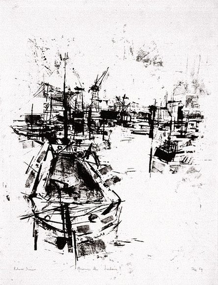 Artist: b'Grieve, Robert.' | Title: b'Around the harbour' | Date: 1959 | Technique: b'lithograph, printed in black ink, from one hard-grained aluminium plate' Artist: b'Grieve, Robert.' | Title: b'Around the harbour' | Date: 1959 | Technique: b'lithograph, printed in black ink, from one hard-grained aluminium plate'