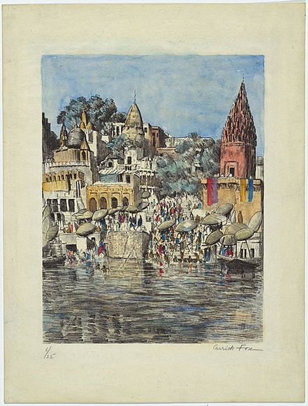 Artist: b'Carrick, Ethel.' | Title: b'Pilgrims bathing at Benares.' | Date: (1925) | Technique: b'lithograph, printed in black ink, from one stone; hand-coloured in watercolour' Artist: b'Carrick, Ethel.' | Title: b'Pilgrims bathing at Benares.' | Date: (1925) | Technique: b'lithograph, printed in black ink, from one stone; hand-coloured in watercolour'