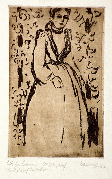 Artist: b'Barwell, Geoff.' | Title: b'Illustration for Lawson\'s Courtship of Zoe Wilson.' | Date: 1954 | Technique: b'etching and aquatint printed in sepia ink with plate-tone, from one plate' Artist: b'Barwell, Geoff.' | Title: b'Illustration for Lawson\'s Courtship of Zoe Wilson.' | Date: 1954 | Technique: b'etching and aquatint printed in sepia ink with plate-tone, from one plate'